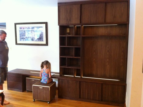 Walnut Built-in Cabinet. Illuminated LED lights in Bench seat + Kid Box Garage.